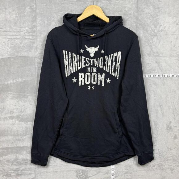 Under Armour Project Rock Hoodie Size Medium Black Hardest Worker Bull Logo Gym - Picture 1 of 9